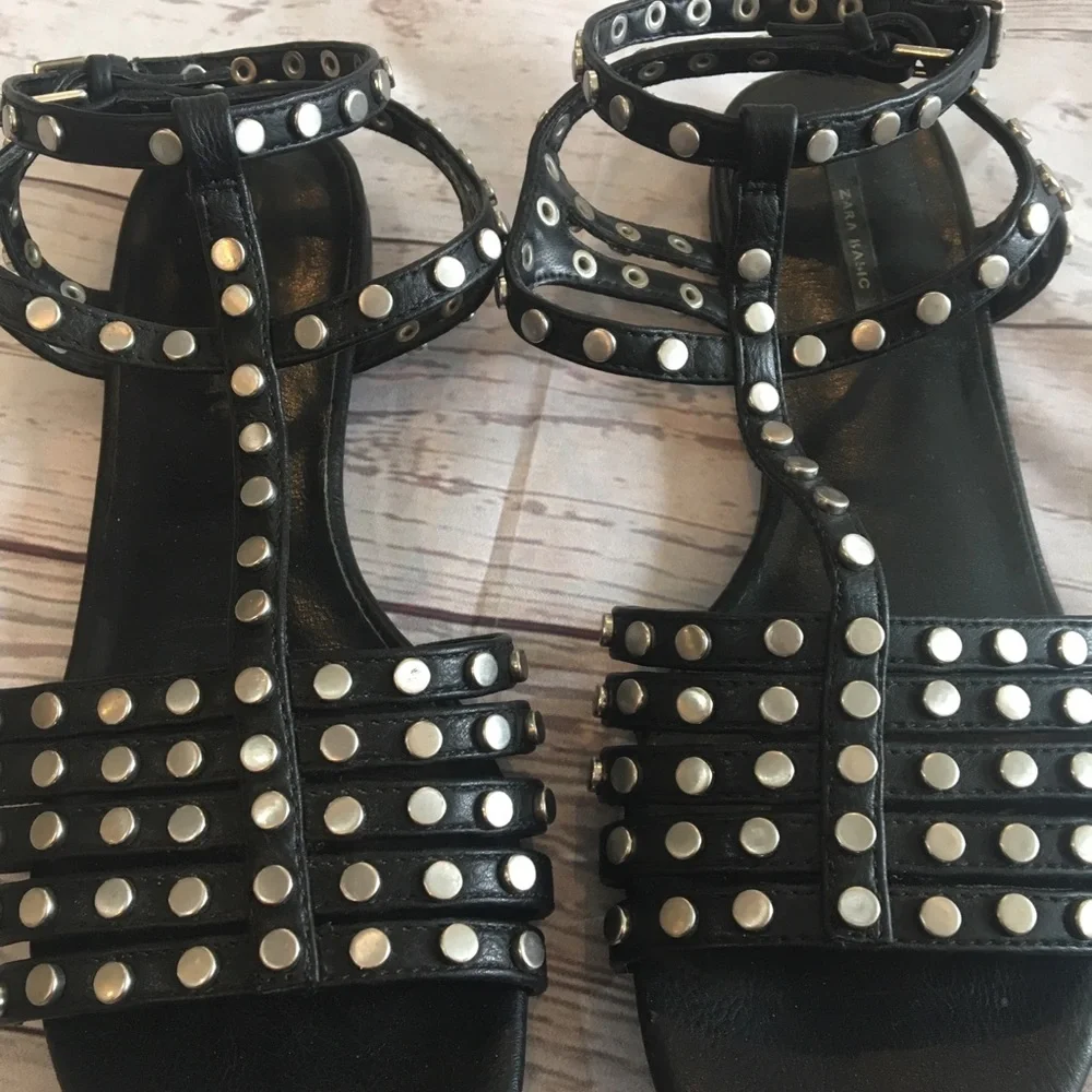 ZARA BASIC Black Studded Short Gladiator Sandals Sz 8 - Picture 2 of 6
